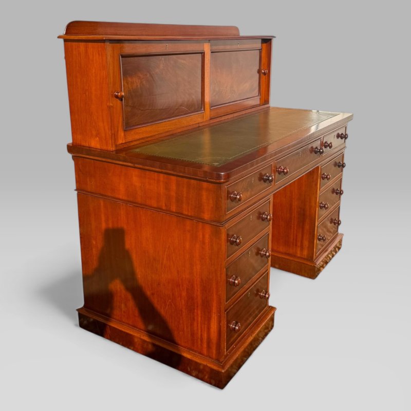 Antique Victorian Mahogany Pedestal Desk – 9 Drawers, Tooled Leather & Cupboard - Image 7